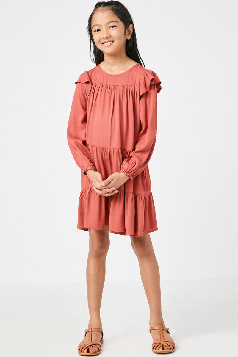 GN4157 RUST Girls Ruffled Shoulder Long Sleeve Dress Front 2