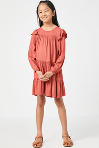 GN4157 RUST Girls Ruffled Shoulder Long Sleeve Dress Front 2