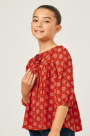 GN4172 RUST Girls Tie Neck Floral Printed Peasant Top Back