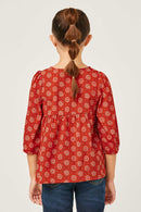 GN4172 RUST Girls Tie Neck Floral Printed Peasant Top Side
