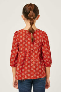 GN4172 RUST Girls Tie Neck Floral Printed Peasant Top Side