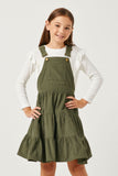 GN4217 OLIVE Girls Corduroy Tiered Overall Dress Front