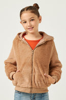GN4234 BROWN Girls Soft Fleece Hooded Zip Up Jacket Front