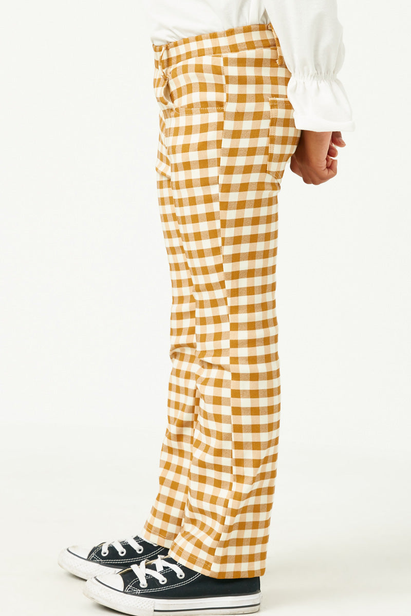GN4257 MUSTARD Girls Button Closure Stretch Checkered Pants Side