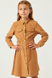 GN4259 CAMEL Girls Button Down Cinched Waist Corduroy Dress