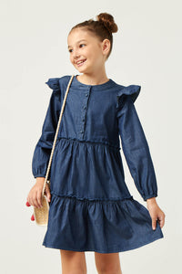 GN4269 DARK_DENIM Girls Button Up Ruffled Chambray Dress Front