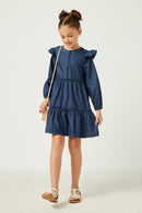 GN4269 DARK_DENIM Girls Button Up Ruffled Chambray Dress Full Body