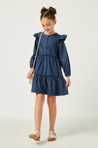 GN4269 DARK_DENIM Girls Button Up Ruffled Chambray Dress Full Body