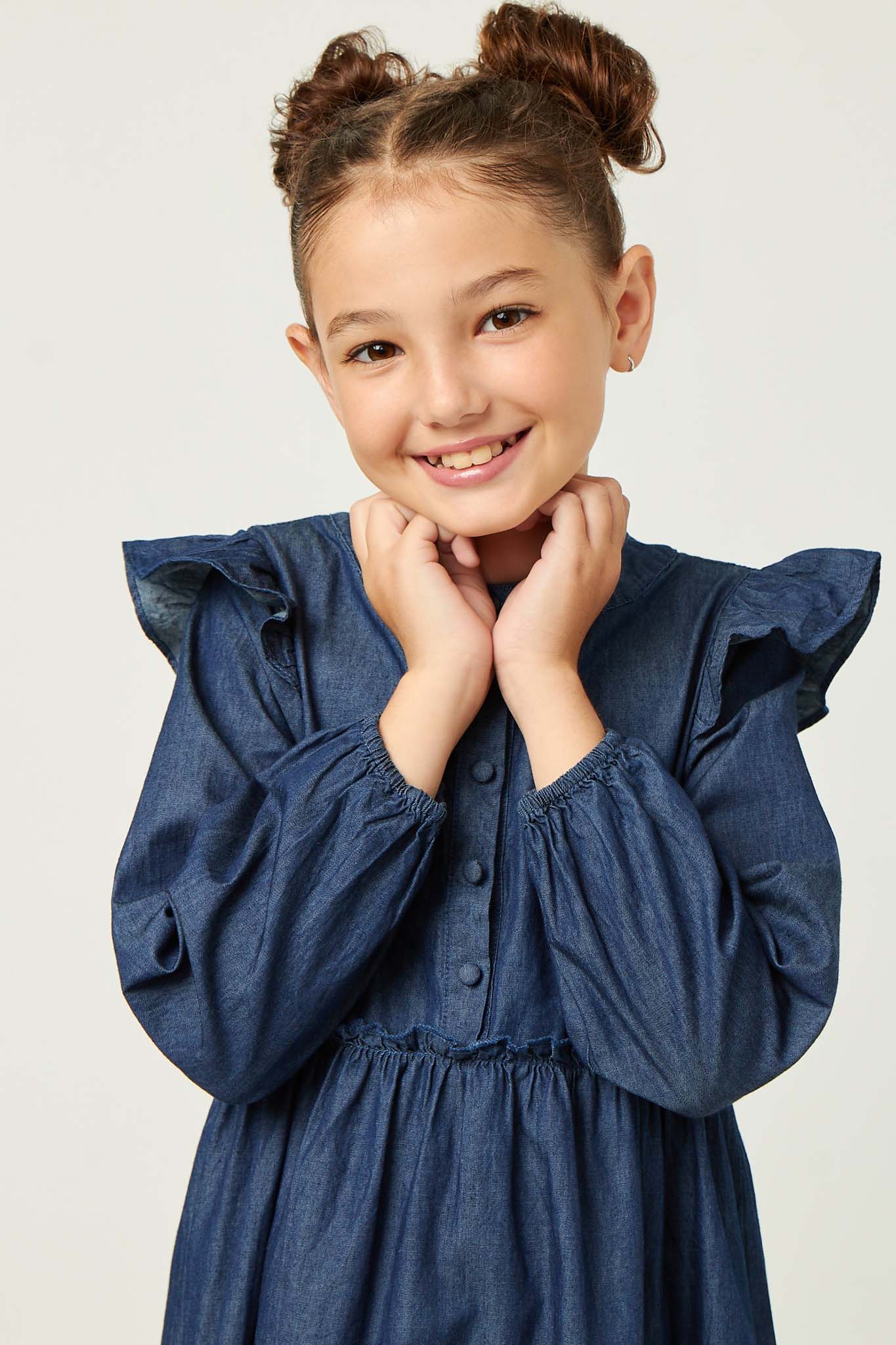 GN4269 DARK_DENIM Girls Button Up Ruffled Chambray Dress Detail