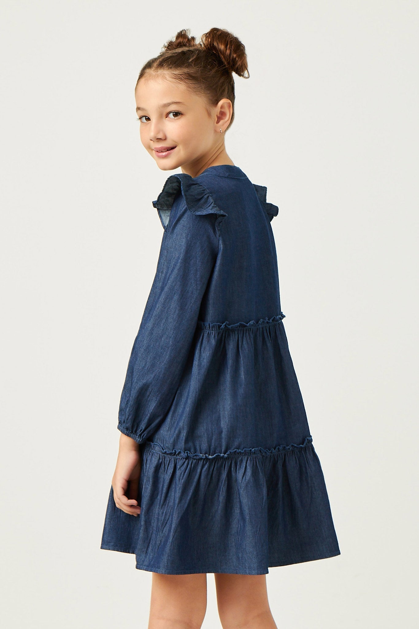 GN4269 DARK_DENIM Girls Button Up Ruffled Chambray Dress Back