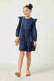 GN4269 DARK_DENIM Girls Button Up Ruffled Chambray Dress Front 2