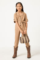 GN4292 TAUPE Girls Rolled Sleeve Collared Jumpsuit with Belt Full Body