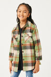 GN4294 OLIVE Girls Plaid Long Length Button Up Shirt Side
