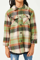 GN4294 OLIVE Girls Plaid Long Length Button Up Shirt Front