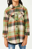 GN4294 OLIVE Girls Plaid Long Length Button Up Shirt Front