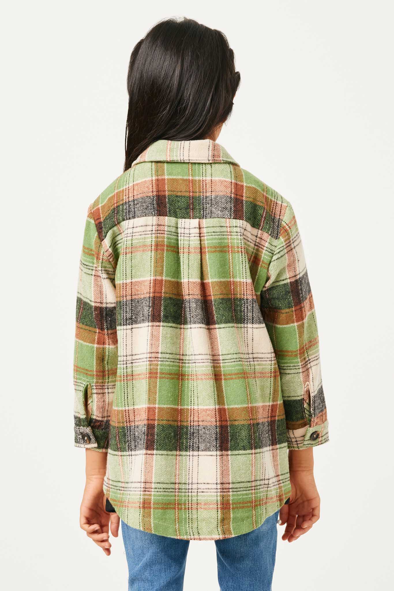 GN4294 OLIVE Girls Plaid Long Length Button Up Shirt Back