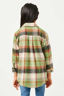 GN4294 OLIVE Girls Plaid Long Length Button Up Shirt Back