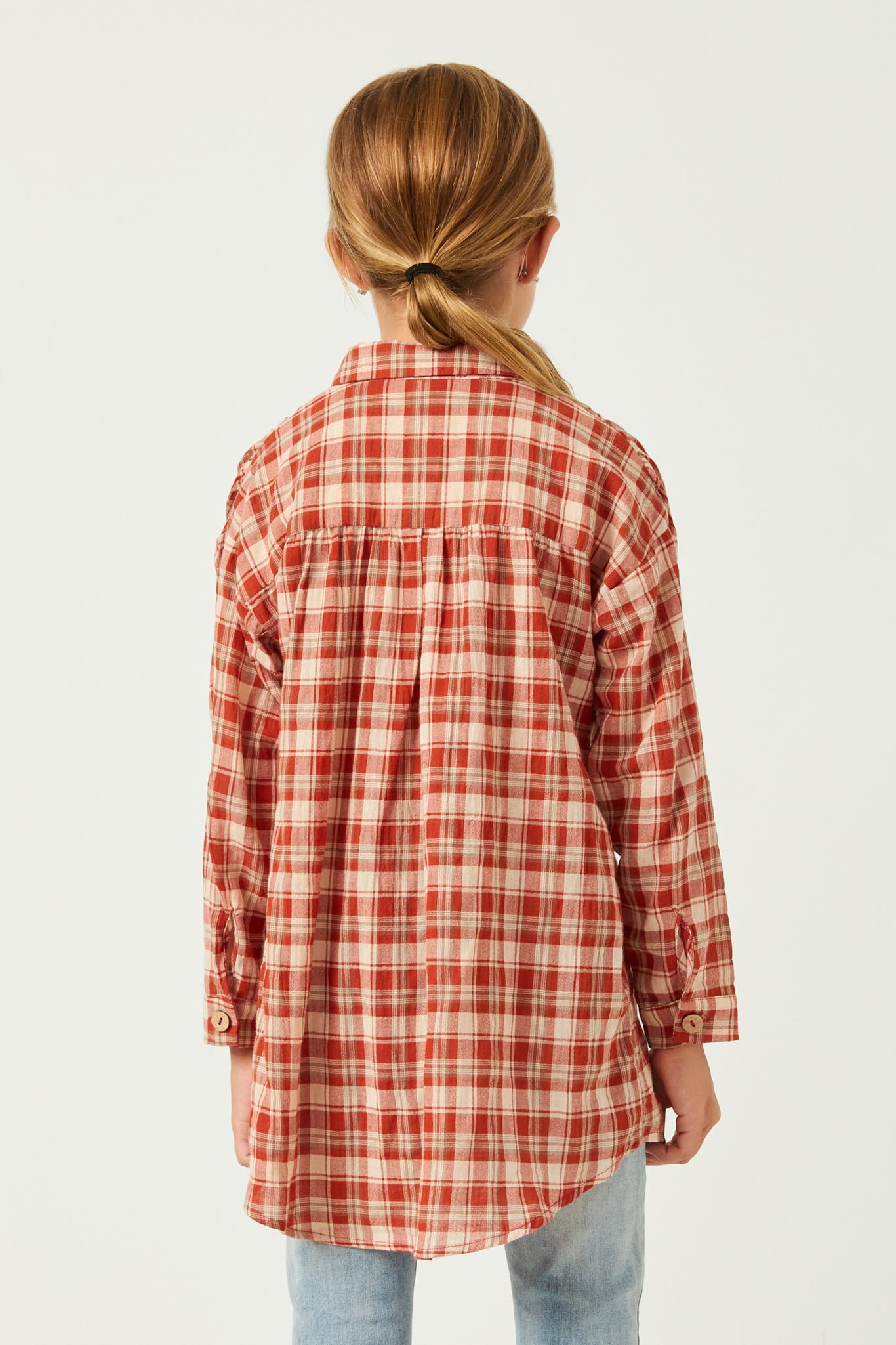 GN4313 Rust Girls Plaid Oversize Pocket Button Up Long Sleeve Shirt Back