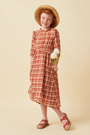 GN4314 Rust Girls Ruffle Neck Long Elbow Sleeve Plaid Dress Full Body