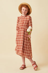 GN4314 Rust Girls Ruffle Neck Long Elbow Sleeve Plaid Dress Full Body