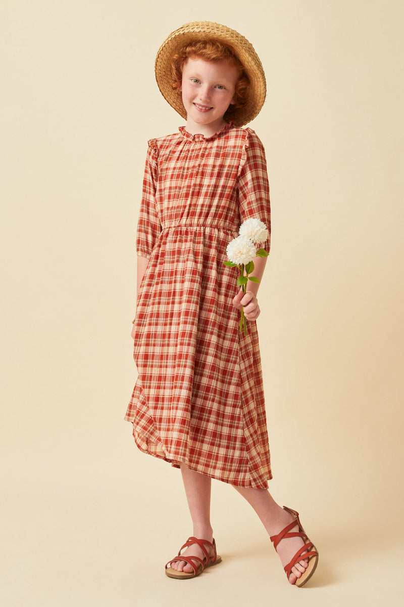 GN4314 Rust Girls Ruffle Neck Long Elbow Sleeve Plaid Dress Full Body