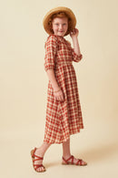 GN4314 Rust Girls Ruffle Neck Long Elbow Sleeve Plaid Dress Side
