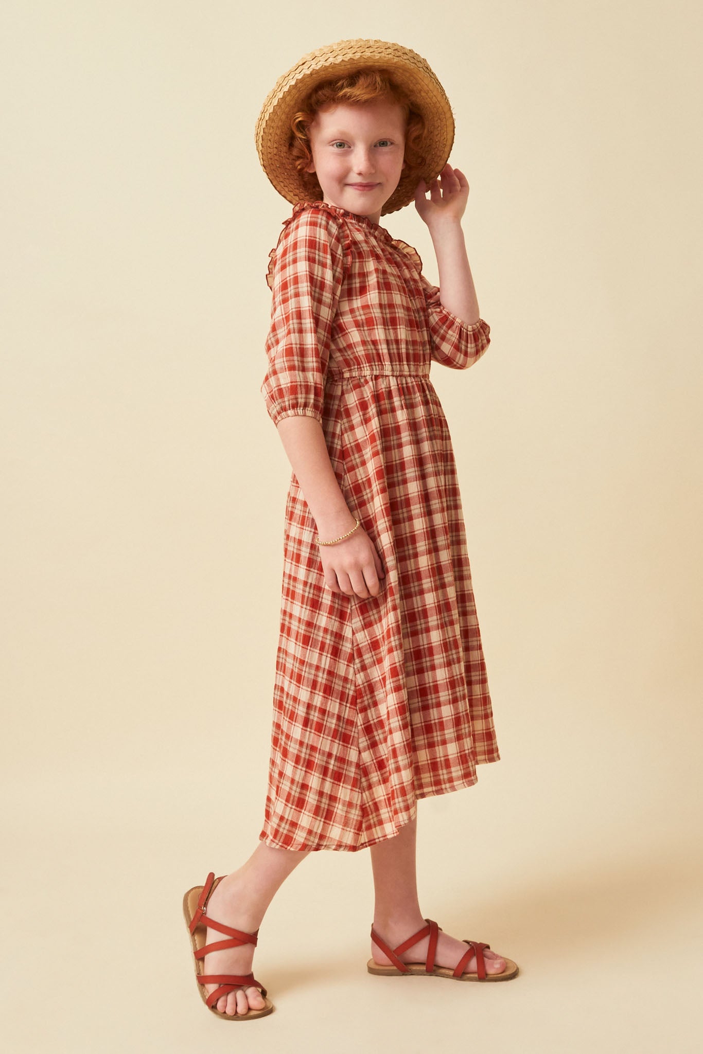 GN4314 Rust Girls Ruffle Neck Long Elbow Sleeve Plaid Dress Side