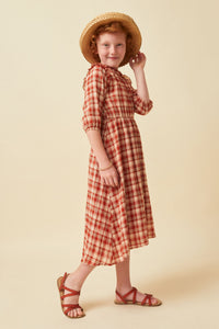 GN4314 Rust Girls Ruffle Neck Long Elbow Sleeve Plaid Dress Side
