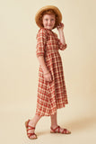 GN4314 Rust Girls Ruffle Neck Long Elbow Sleeve Plaid Dress Side