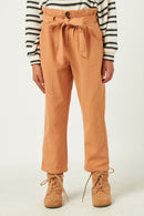 GN4328 CAMEL Girls Pleated Paperbag Waist Pant with Belt Front