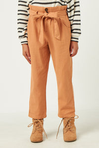 GN4328 CAMEL Girls Pleated Paperbag Waist Pant with Belt Front