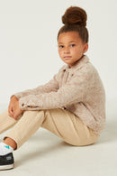 GN4345 OATMEAL Girls Marled Rib Button Up Knit Jacket Pose