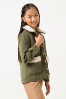 GN4359 OLIVE Girls Fleece Fur Trimmed Corduroy Sherpa Jacket Side