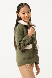 GN4359 OLIVE Girls Fleece Fur Trimmed Corduroy Sherpa Jacket Side