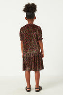 GN4430 BLACK Girls Floral Ribbed Velvet Puff Shoulder Dress Detail