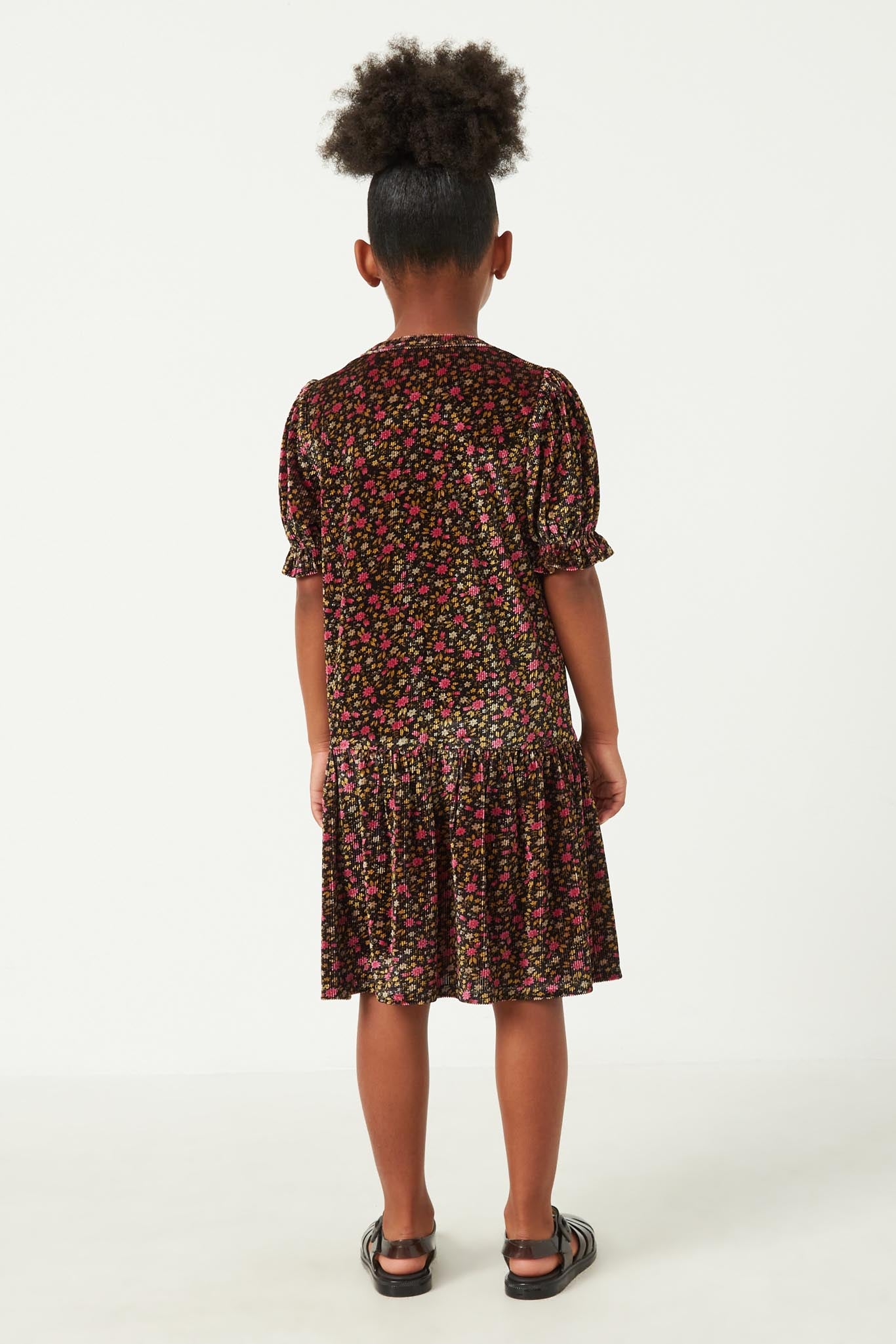 Floral Ribbed Velvet Puff Shoulder Dress