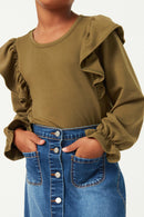 GN4455 OLIVE Girls Soft French Terry Cuffed Ruffled Long Sleeve Top Detail