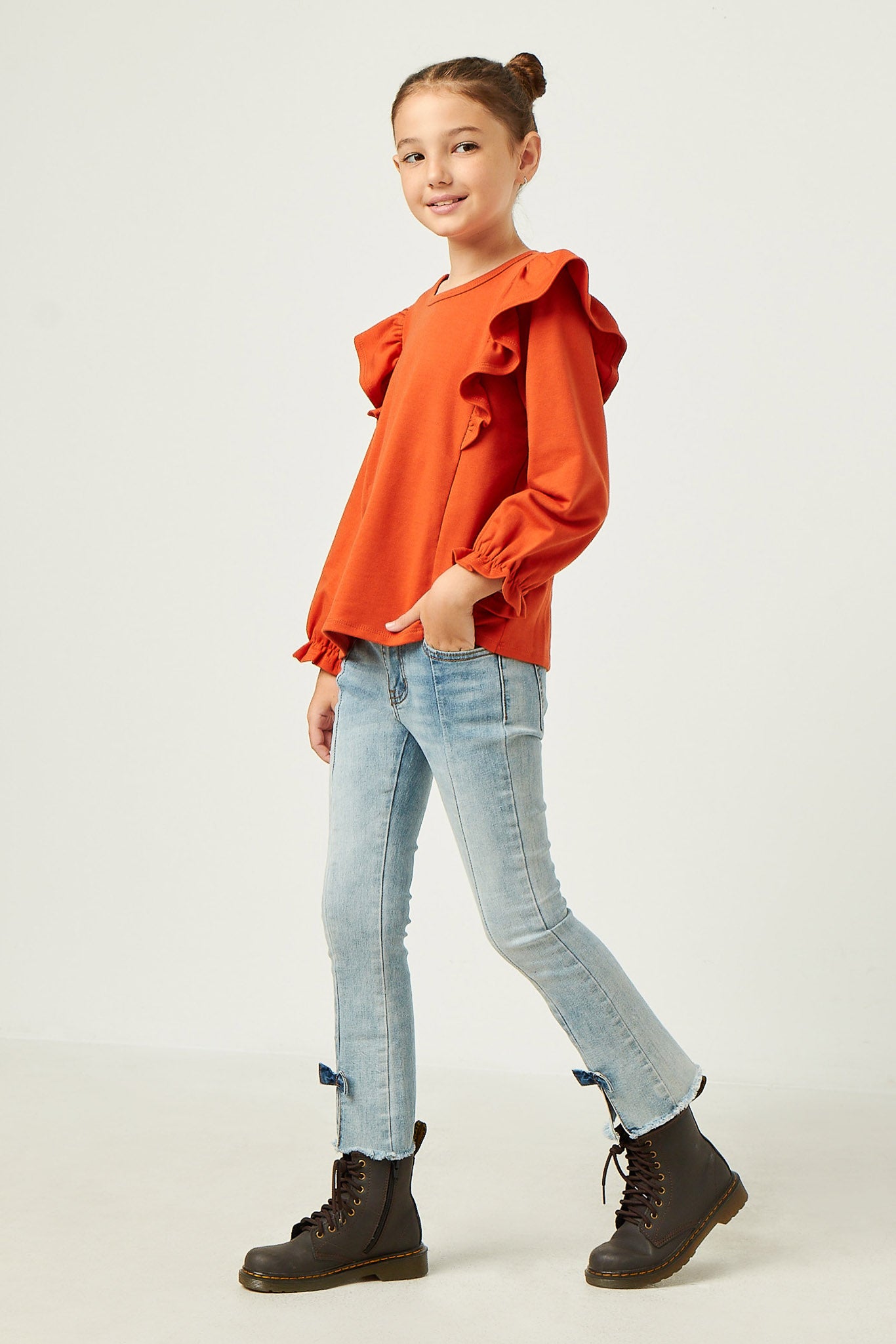 GN4455 RUST Girls Soft French Terry Cuffed Ruffled Long Sleeve Top Side