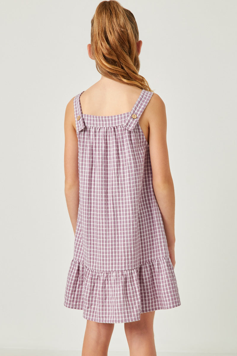 GN4478 LAVENDER Girls Textured Checkered Ruffle Hem Sleeveless Dress Back