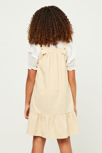 GN4478 YELLOW Girls Textured Checkered Ruffle Hem Sleeveless Dress Back