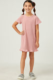 GN4490 PINK Girls Waffled Stripe Knit Ruffle Hem T Shirt Dress Full Body