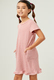 GN4490 PINK Girls Waffled Stripe Knit Ruffle Hem T Shirt Dress Front