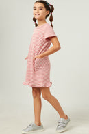 GN4490 PINK Girls Waffled Stripe Knit Ruffle Hem T Shirt Dress Side