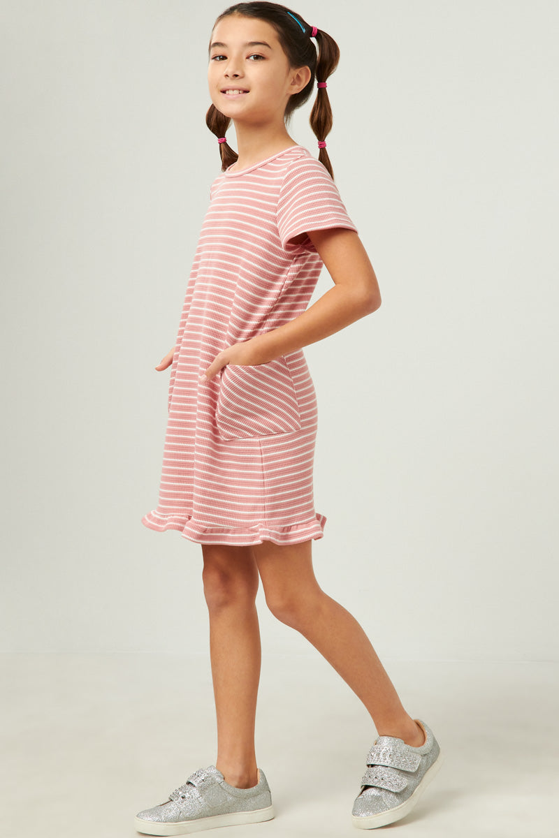 GN4490 PINK Girls Waffled Stripe Knit Ruffle Hem T Shirt Dress Side