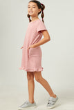 GN4490 PINK Girls Waffled Stripe Knit Ruffle Hem T Shirt Dress Side