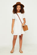 GN4497 OFF WHITE Girls Ruffle Tiered Cinch Sleeve Swiss Dot Dress Front