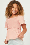 GN4499 BLUSH Girls Square Neck Textured Smocked Ruffle Sleeve Top Front