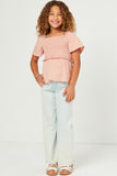 GN4499 BLUSH Girls Square Neck Textured Smocked Ruffle Sleeve Top Full Body