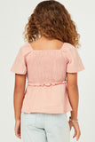 GN4499 BLUSH Girls Square Neck Textured Smocked Ruffle Sleeve Top Back