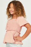 GN4499 BLUSH Girls Square Neck Textured Smocked Ruffle Sleeve Top Side
